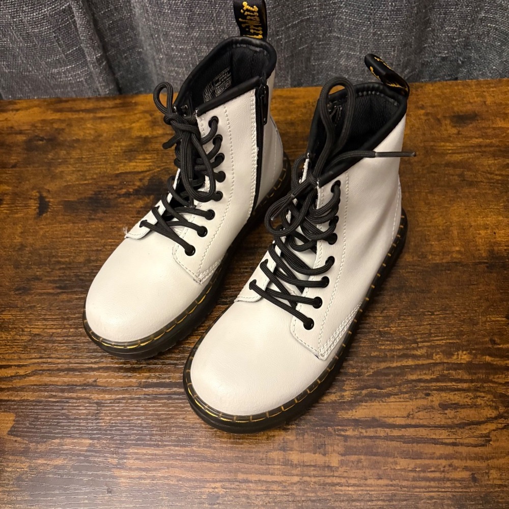 Dr Martens Zavala Junior White Leather Lace Up‎ Zip Combat Boots (Kids Size 1)